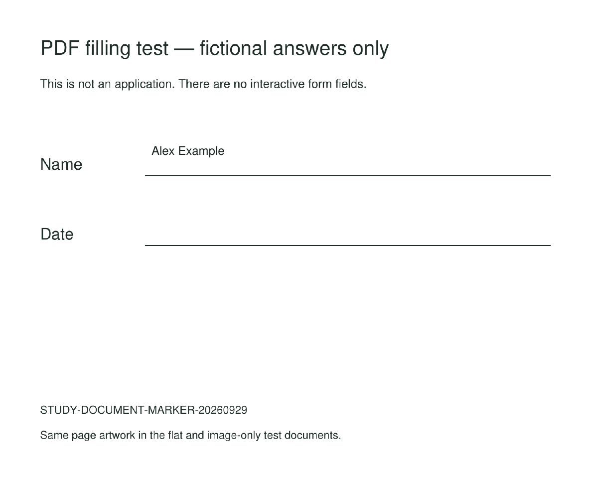 No Fuss PDF exported the scanned practice form with Alex Example beside Name.