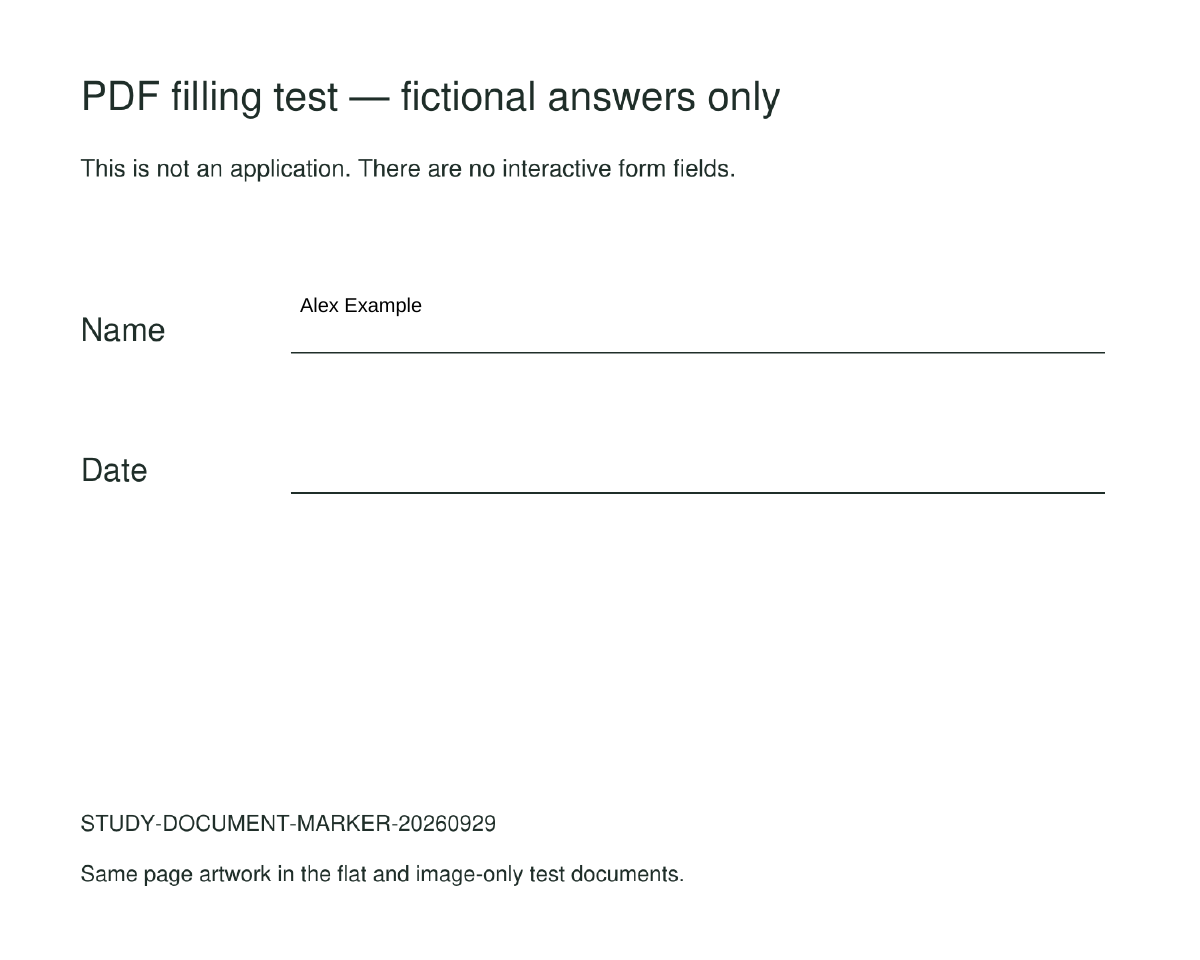SimplePDF exported the same scanned practice form with Alex Example beside Name.